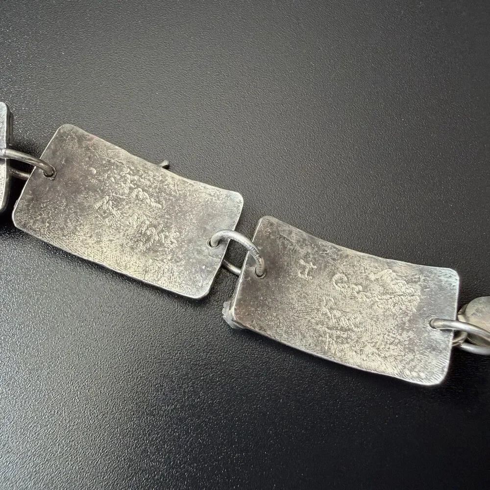 Vintage Handmade Artisan Panel Link Bracelet 925 Sterling Silver 14K Gold & Gems